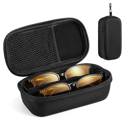 Image of MoKo Double Glasses Case with Adjustable Divider, Hard Shell Sunglasses Organizer with Lock Clasp, Mesh Pocket