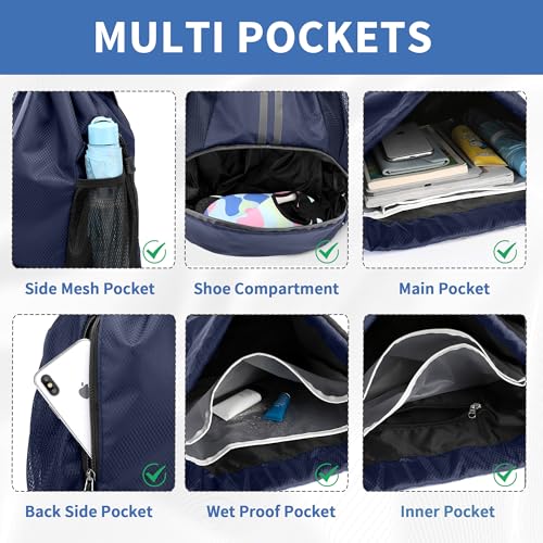 Image of JELUTAR Drawstring Backpack Gym Bag with Shoes Pocket, Navy Blue