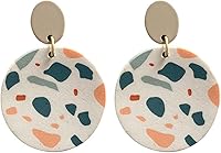 Handmade Polymer Clay Dangle Earrings for Women - Minimalist Colorful Leaf Pattern Round Drops