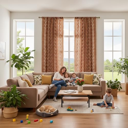 Image of Burnt Orange Curtains 96 Inch 2 Panels, Vintage Bohemian Pattern Floral Drapes Ceiling to Floor Length Hippie Window Panel Autumn Curtains for Living Room