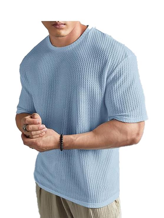 Image of Men Solid Waffle Round Neck Oversized /Dropshoulder |Baggy| Summer T Shirt for Ment Shirt