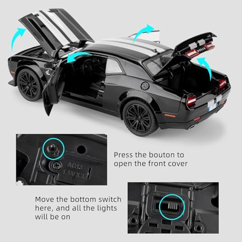 Image of 1:22 Dodge Challenger SRT Hellcat Model Car - Green Diecast Vehicle Toy with Pull Back Function, Lights & Sounds | Collectible Toy Car Model for Adults & Kids Birthday Gift (Black)
