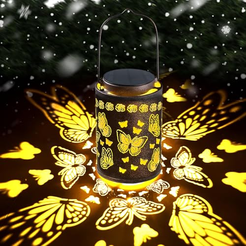 Decorative Solar Lantern Outdoor, Hanging Garden Light with Ladybug Pattern Projection, Waterproof Metal Lantern for Patio Yard Porch, Unique Gift for Women Men Mom Grandma