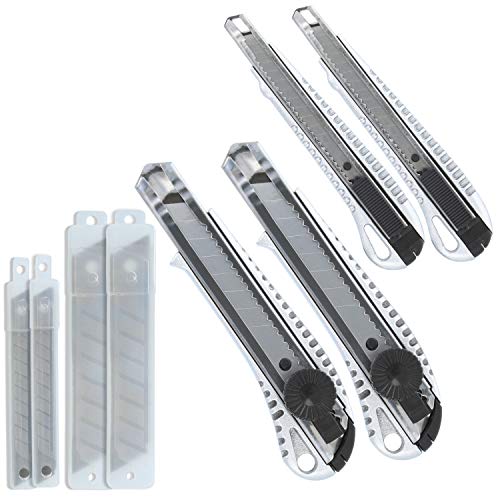 COM-FOUR® Cuchillas de corte 4x con hojas de repuesto - cuchillas para alfombras - cuchillas para papel tapiz en 2 tamaños - cuchillas para cartón con hojas desprendibles (aluminio - 4 piezas)
