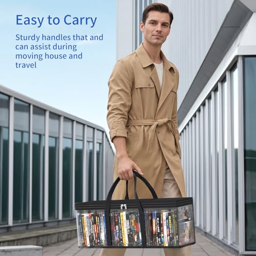 DVD Storage Bags, Media Organizer Bags for DVDs, CDs, Blu Ray Disc, Movie Cases, VHS Box, Video Game Disks, Albums, Books, Clear Plastic Holders with Carrying Handles (Black, 4Pack)