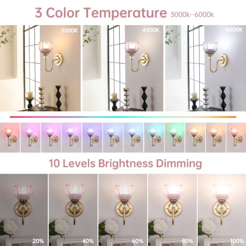 Image of Set of 2 Vintage Battery Operated Wall Sconce, Rechargeable Wall Lamp with 5000mAh Battery & Remote Control, Dimmable Wall Lights with tulip shade for Bedroom Bathroom Living Room, (Tulip Pink Up)