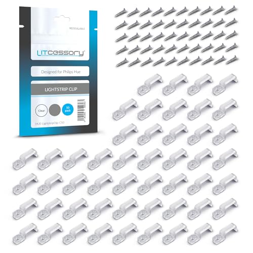 Litcessory Lichtstreifen-Montageclip für Philips HUE Lightstrip - 50 Stück, Transparent, Stabil, Abnehmbar - Inklusive Holzschrauben – Einfache Installation