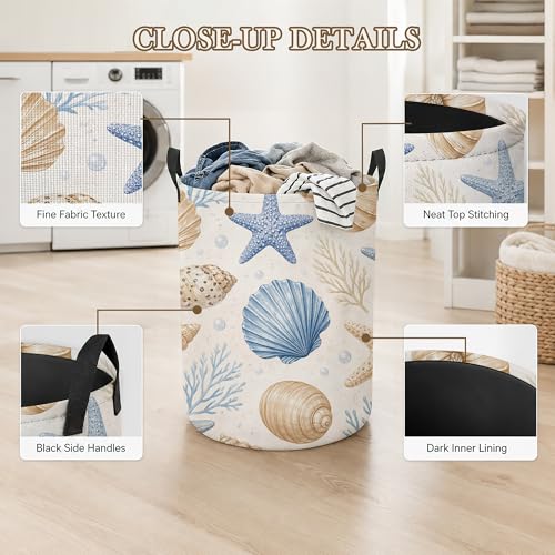 Image of Seashell Starfish Laundry Basket, Ocean Coastal Collapsible Laundry Hamper Waterproof Oxford Cloth With Handles, Clothes Storage Bucket For Bathroom /Bedroom 16 inch x 20.8 inch