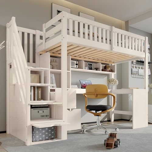 Sapgaks Lit Superposé Enfant 90x200 avec Bureau d'angle et étagères, Lit Cabane Enfants avec Escalier Rangement et Tiroirs, Lit Mezzanine 1 Place avec Barriere en...