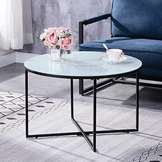 GOLDFAN Marble Coffee Table Round Glass Living Room Centre Table with Black Metal Frame Modern End Side Sofa Table, White