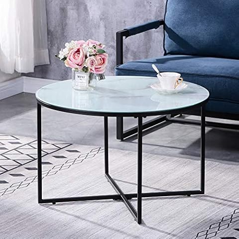 GOLDFAN Marble Coffee Table Round Glass Living Room Centre Table with Black Metal Frame Modern End Side Sofa Table, White Cover