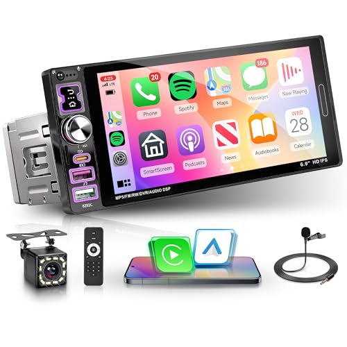 Car Stereo Single Din Carplay Android Auto Car Radio with Bluetooth 5.2, Rimoody 6.9 inch Touch Screen Mirror Link FM/EQ USB-2/Type-C/SWC/MIC Car Audio Receiver with Backup Camera