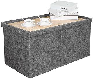 Bonlife Large Grey Foldable Ottoman Bench with Coffee Table,Linen Toys Chest with Lid,Footstool for Living Room,Support 250KG,76x38x38CM