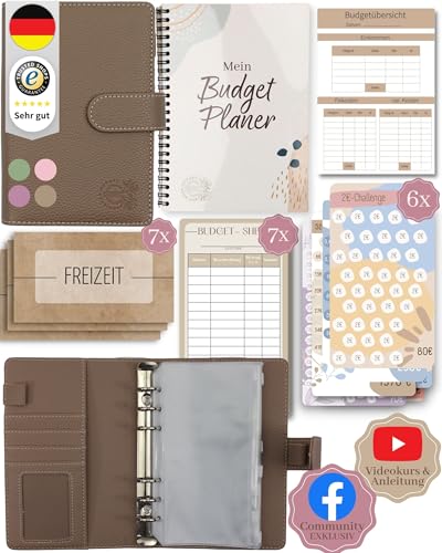 BeginnerBudget Budget Planner Deutsch - Starterset mit Sparchallenge Budgetplaner deutsch - Sparen mit Umschlagmethode + Anleitung - Ringbuch A6 - Binder A6 Litchi-Style (Braun (mit Budgetplaner))