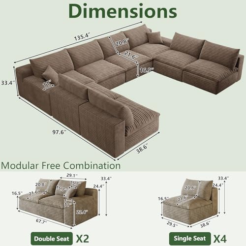 Image of 136 inch Cloud Couch Modular Sectional Sofa for Living Room, U-Shape Boneless Couch with Deep Seat, Modern Corduroy 8-Seater, No Assembly Required, Camel
