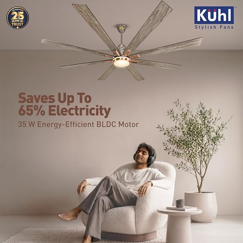 Image of KUHL Polariz Super 72 1800mm 65% Power Saving BLDC Ceiling Fan With Remote |Down&Night Light|Low Noise|Iot -Operate Via Mobile & Alexa | Reverse Mode |Free Installation | Teak