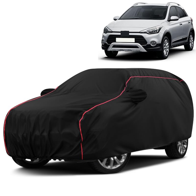 Water-Resistant Dustproof Car Cover for Hyundai i20 Active - Mirror Pocket, UV Protection, Scratch Guard, Buckle Belt, Front & Back Bottom Elastic with Red Piping - Black-image-34