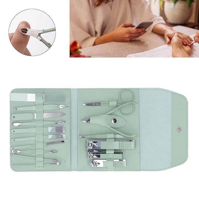 iYOGIzz Professional Manicure Pedicure Kit 16 Pcs Stainless Steel Nail Clippers Set Grooming Tools For Thick Nails Fingernails Toenails Travel Leather Case Men Women Gift Personal Nail Care 4