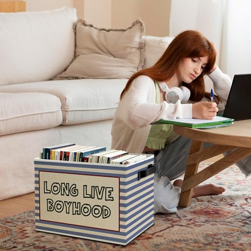Image of Long Live Boyhood Boys Storage Bins Box with Handles, Retro Blue Striped Collapsible Basket Organizer for Kids Boy Nursery Room Bedroom Bathroom Playroom Books Clothes