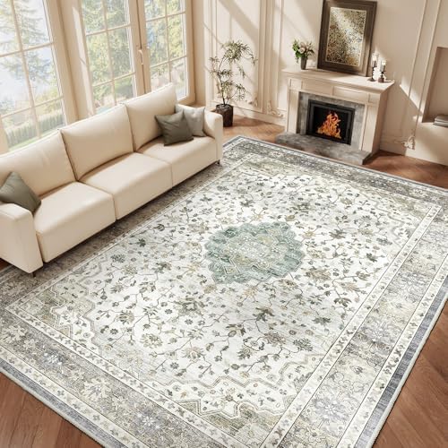HOMFINE Teppich Wohnzimmer 300x400cm Vintage Waschbar Hell Grün | Großer Waschbarer Kurzflor Teppich mit Blumenmuster, Rutschfest, Weich und ideal für Wohnzimmer, Schlafzimmer und