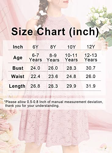 Hosika Girls Halter Neck Sleeveless Elegant Floral Lace A-Line Flared Swing Party Dress For Kids 6-12 Years Pink L #TOP5