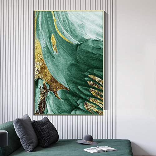 Impression sur toile plumes vertes et dorees moderne sans cadre deco 60x90cm