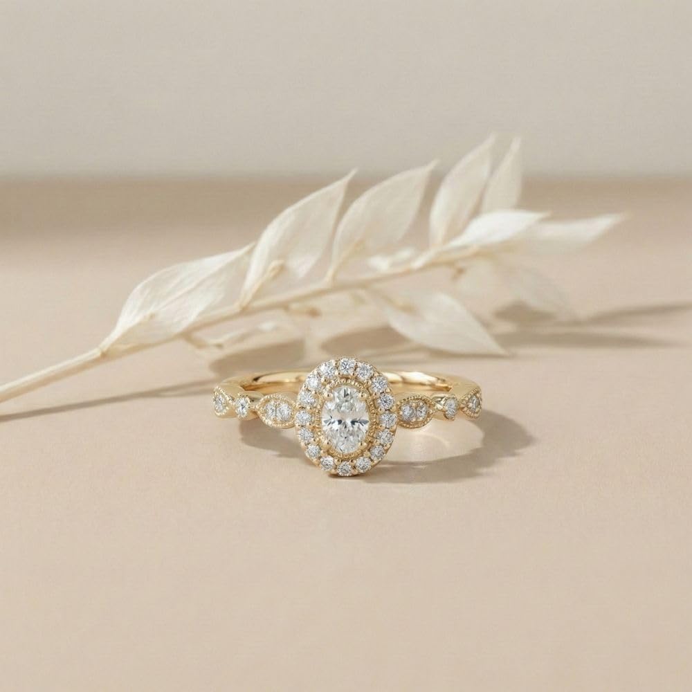 1/3 Cttw Oval and Round Moissanite Vintage Halo Engagement Ring for Women in 925 Sterling Silver or 14K Yellow Gold Plated