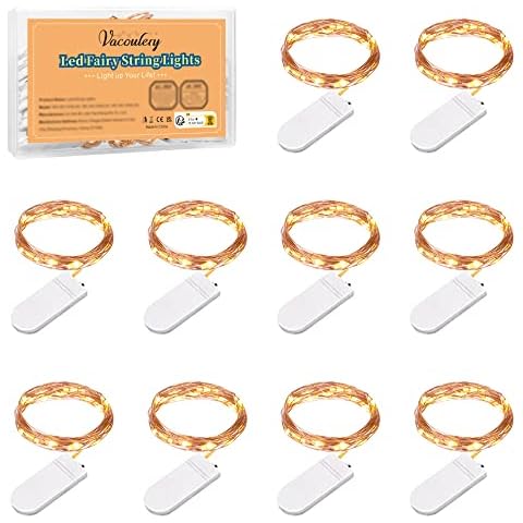 LED String Lights, 1M 10LEDs Copper Wire Lights Battery Operated LED Fairy Lights for Jars Holiday Wedding Party Birthday Christmas Halloween Indoor House Decorations (Warm White, 10 Pack) Cover