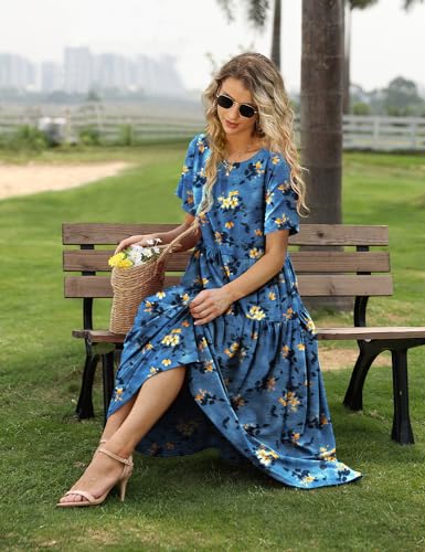 Image of YESNO Women Casual Loose Bohemian Floral Dress with Pockets Short Sleeve Long Maxi Summer Beach Swing Dress EJF