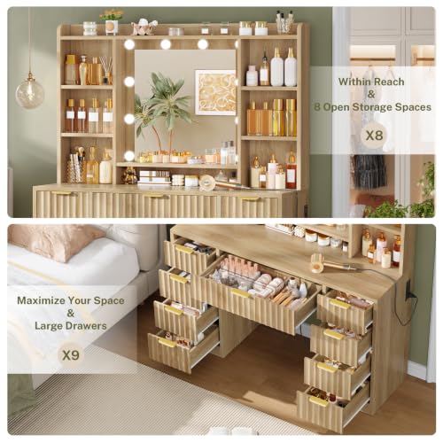 Image of FIONESO Fluted Vanity Desk with Mirror and Lights, Power Outlet, Makeup Vanity with 9 Drawers & 6 Open Storage Shelves, 3 Lighting Modes Brightness Adjustable, Natural Oak