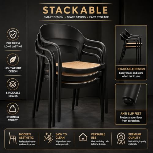 Image of Rattan Style Outdoor Chair | Set of 4 Black Plastic Arm Chair for Garden, Balcony, Patio & Cafe | Lightweight Weather Resistant Seating | 3 Year Manufacturing Warranty