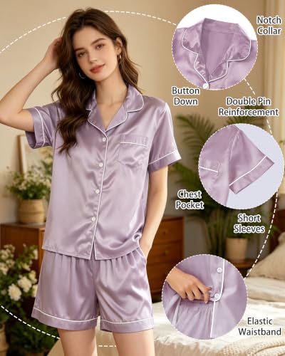 Image of 3 Piece Silk Satin Pajama Set for Women Soft Short Sleeve Button Down Pjs with Shorts Long Pants Sleepwear S-XXXL