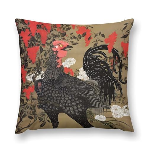 伊藤若冲 群鶏図 ぬいぐるみ枕カバー クッションカバー 座布団カバ 通気性 柔らかく 隠しファスナー付き 洗濯機で洗えます 四季対応 26 "x26 "