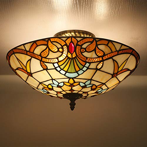 BOTOWI Vintage Tiffany Style Ceiling Light Baroque Flush Mount 3-Light Ceiling Light Fixture with Stained Glass Shade for Bedroom Living Room,40cm