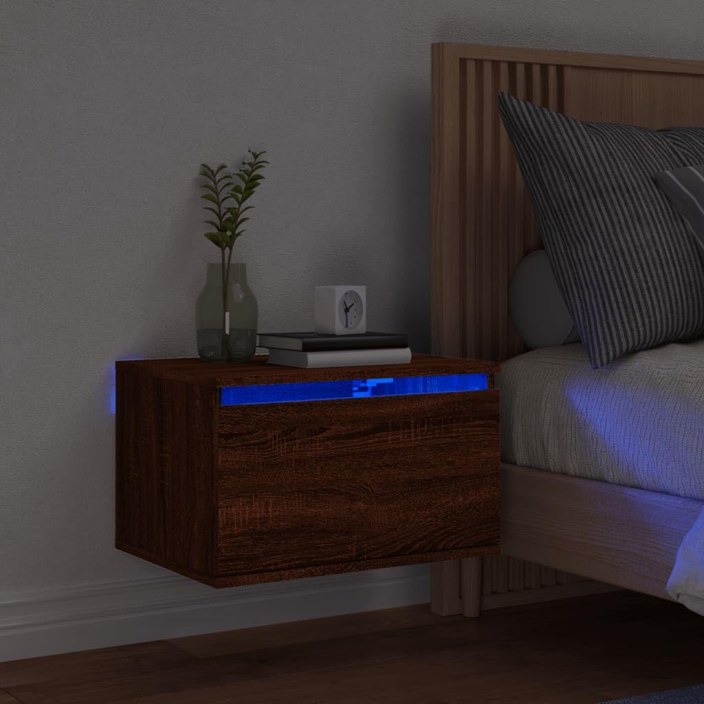 Table de chevet murale bois marron meuble suspendu chambre adulte avec éclairage
