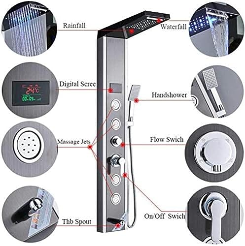 Columna de Ducha LED con Panel de Chorro Cascada, Lluvia y Pantalla de Temperatura, con Duchador de Mano y Jets de Hidromasaje, Acabado Cromado, Negro miniatura 3