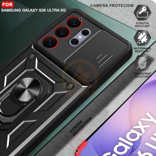 Image of Armor Bumper Back Cover Case for Samsung Galaxy S26 Ultra 5G Rotating Camera Cover, Ring Holder & Kickstand | Heavy Duty & 360 Degree Protection Back Cover (Black)