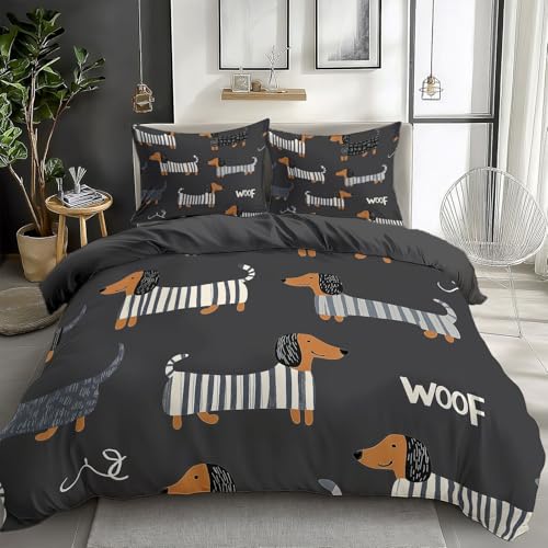 California King Duvet Cover Cartoon Animal Dachshund Cal King Bedding Duvet Cover Set, 3 Pieces, Soft and Breathable Comforter Cover with 2 Pillow Shams, for All Season