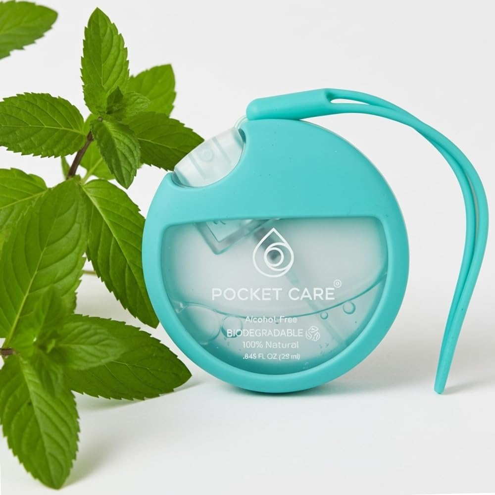 POCKET CARE–Organic Moisturizing Refillable Hydrating Peppermint Hand Sanitizer Spray (25 ml/0.85 FL OZ) Preppy,Portable with Strap, Mini Travel