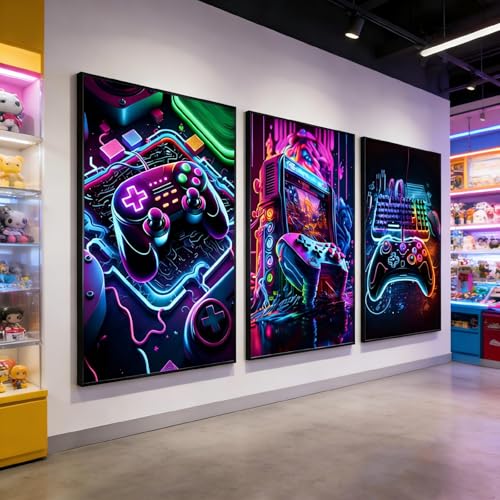 Toile murale néon gamer 3 pièces triptyque affiche esport décoration salle de jeu 40x60cm