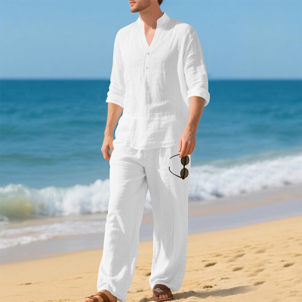 Homme Ensemble en Lin 2 Pièce Casual Chemises Shirt à Manches Longues Pantalons Mode Survêtement Printemps Été Hauts Chemisette et Pantalon