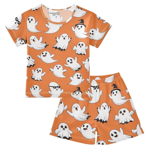 Pajama Short Sets Halloween Ghosts on Orange Soft Cotton Summer Sleepwear 2 Piece PJS Size 5-14T