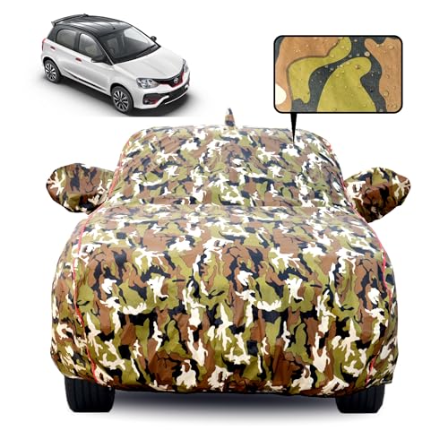Image of Waterproof Car Body Cover for Toyota Etios Cross with Mirror Pocket, Soft Cotton Lining, Triple Stitched, Full Bottom Elastic (Heat Resistant Jungle Print with Red Piping)
