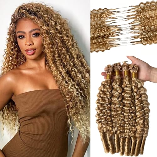 Ombre Pre-Separated Feather Human Crochet Hair for Black Women Highlight Honey Blonde Knotless Burmese Curly Crochet Human Hair 50g 22 Inch Invisible Human Hair Crochet Bundles with Spiral Curl