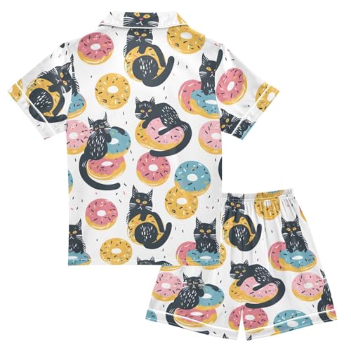 ALAZA Cat Donut Kitten Satin Pajamas Set Short Sleeve Button Down Sleepwear Summer Pjs 2 Piece2