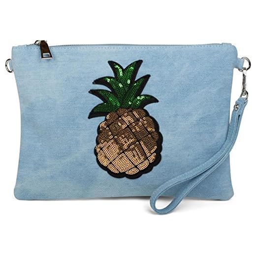 styleBREAKER Bolso «Clutch» Vaquero con piña de Lentejuelas Brillantes, Correa para el Hombro y Correa de Mano, Bolso, señora 02012176, Color:Azul Claro