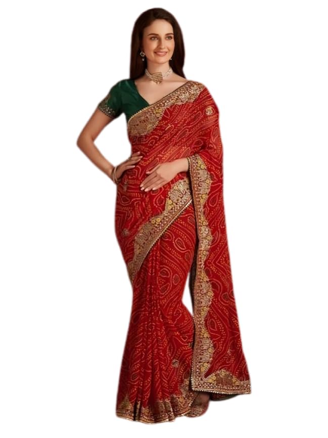 Image of Women's Georgette Bandhani Printed Embroidery Saree with Unstitched Blouse Piece