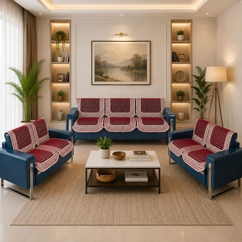 Image of Premium Chenille Woven Anti-Slip 7 Seater Sofa Cover | L-Shape Sofa Seat Protector for Living Room | Durable & Stylish Slipcover - Maroon - 3D