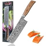 Einzigartiges Design mit Geschenkcharakter – Die Damastmaserung und die Geschenkbox machen dieses Nakiri zu einem ästhetischen Werkzeug und Geschenk für Gemüseliebhaber und ambitionierte Köche.