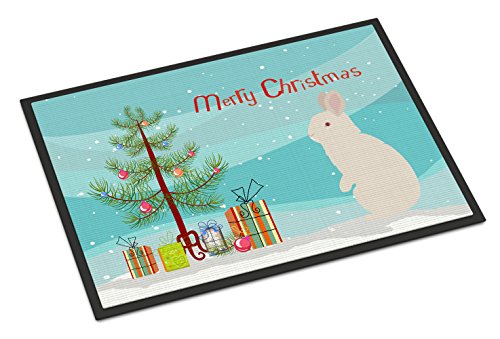 Caroline's Treasures BB9332MAT New Zealand White Rabbit Christmas Doormat 18x27, Teal Front Door Mat Indoor Outdoor Rugs for Entryway, Non Slip Washable Low Pile, 18H X 27W